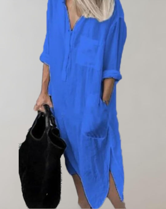 Amaya - Lockeres langes Kleid mit langen Ärmeln und Seitentaschen Kleid