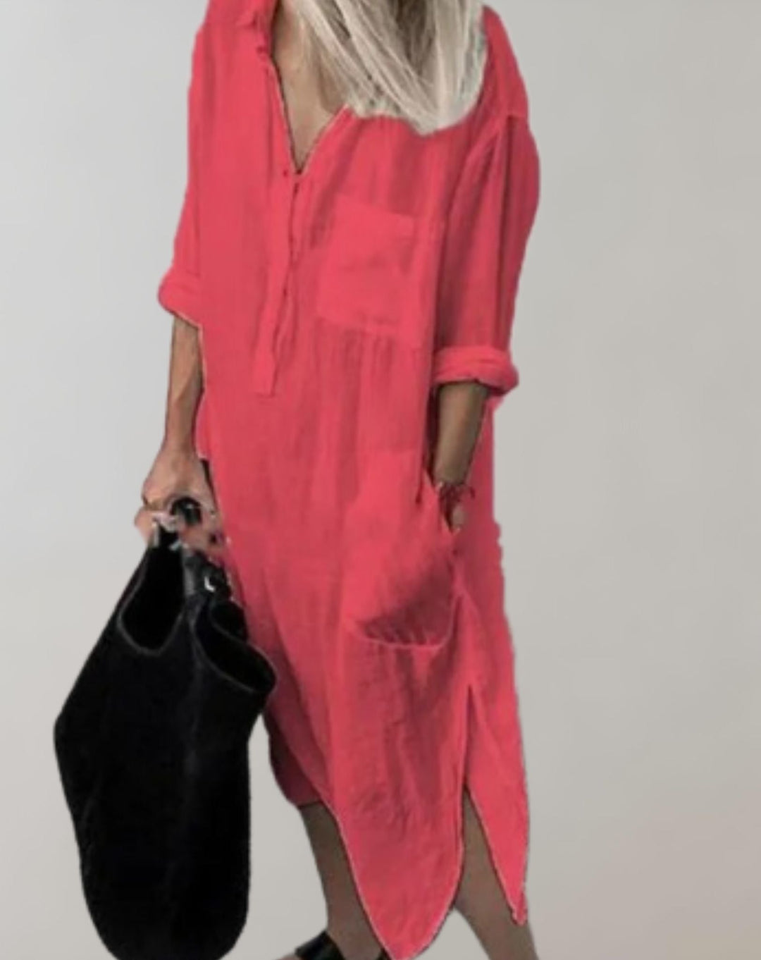 Amaya - Lockeres langes Kleid mit langen Ärmeln und Seitentaschen Kleid