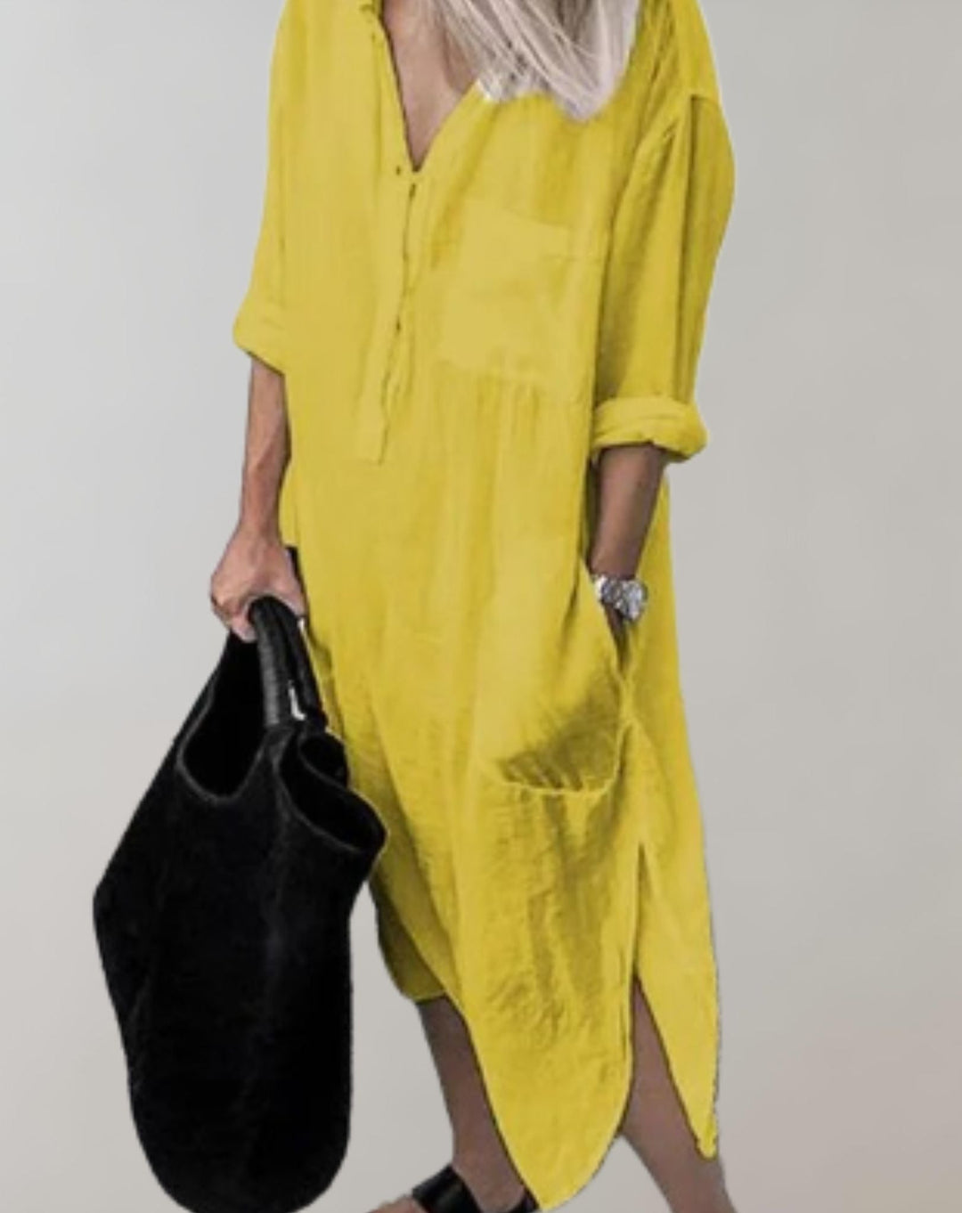 Amaya - Lockeres langes Kleid mit langen Ärmeln und Seitentaschen Kleid