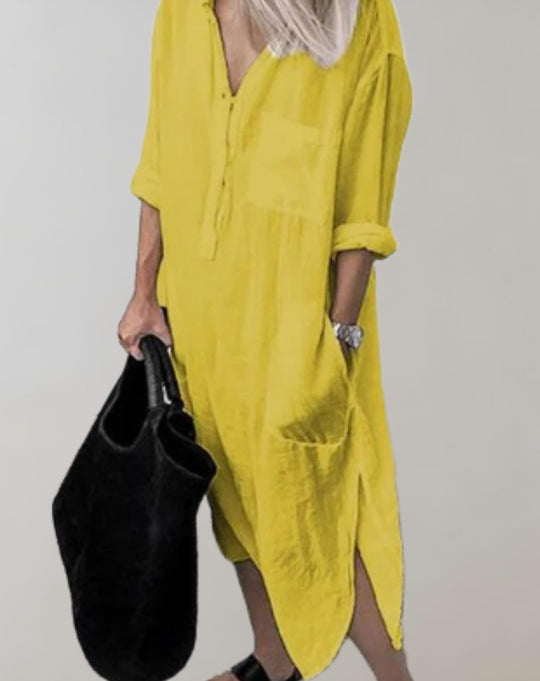 Amaya - Lockeres langes Kleid mit langen Ärmeln und Seitentaschen Kleid