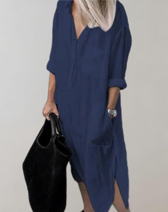 Amaya - Lockeres langes Kleid mit langen Ärmeln und Seitentaschen Kleid