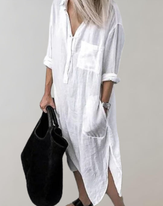 Amaya - Lockeres langes Kleid mit langen Ärmeln und Seitentaschen Kleid